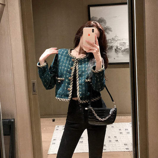 Korea New Arrive Temperament Retro Grid Short Woolen Jacket Women Autumn Spring Single Breasted Chic Tweed Coat