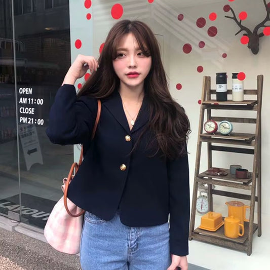 2021 Korea Women Autumn Cotton Blazers Brief Jackets Coat Single Breasted Blazer Feminina Chaqueta Mujer Outer Wear Veste Femme