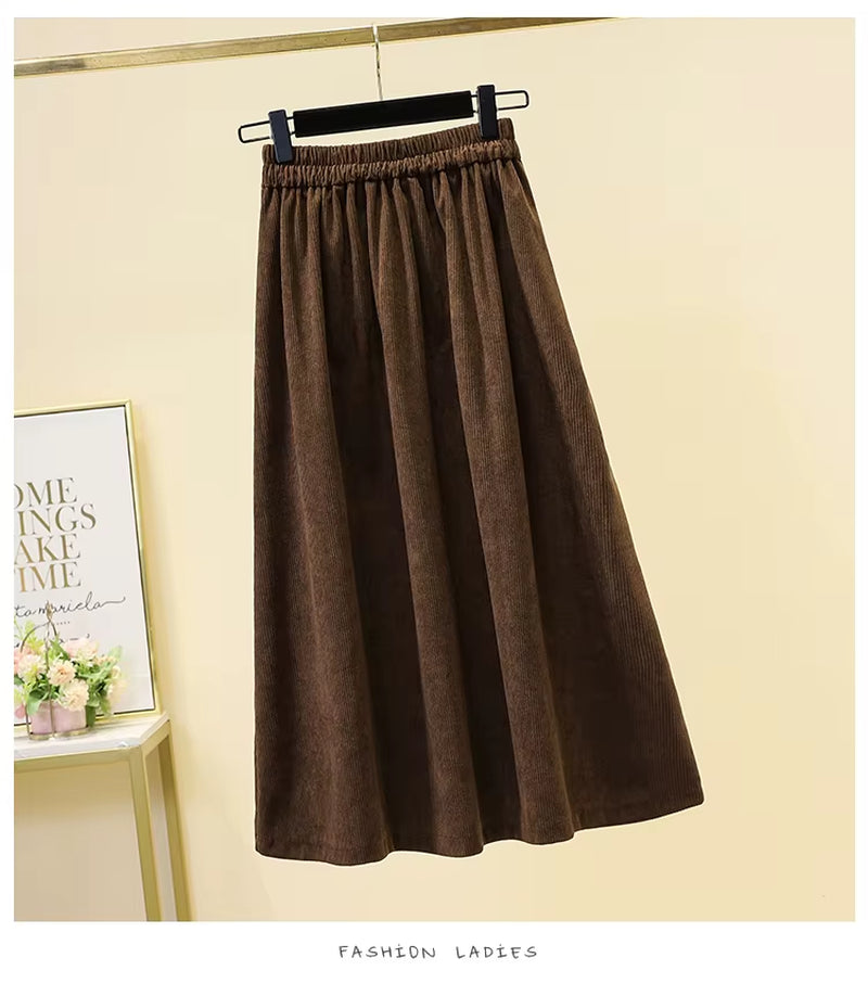 Women'S Corduroy Midi Skirt Loose Oversized A-Line Elastic Waist Thick Autumn Winter Lady Skirt Fashionable Female Clothing