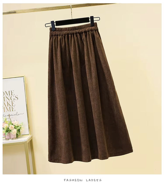 Women'S Corduroy Midi Skirt Loose Oversized A-Line Elastic Waist Thick Autumn Winter Lady Skirt Fashionable Female Clothing