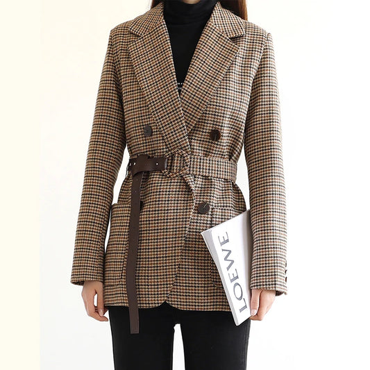 Vintage Houndstooth Winter Thick Women Jacket Blazer Sashes Plaid Female Suit Jacket with Belt Long Sleeve Blaser