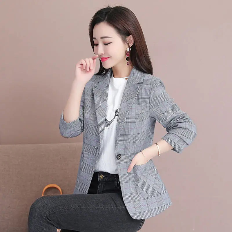 Single Button Plaid Blazer 