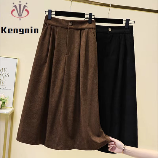 Women'S Corduroy Midi Skirt Loose Oversized A-Line Elastic Waist Thick Autumn Winter Lady Skirt Fashionable Female Clothing