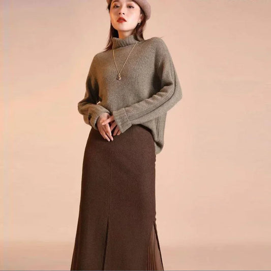 Mid-Length Woolen Split Pleated Skirt 