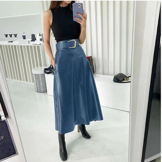 PU Leather Skirt Women Belt with Sashes Slim High Waist A-Line Elegant High Quality Causal Wild 2024 New Autumn HC004