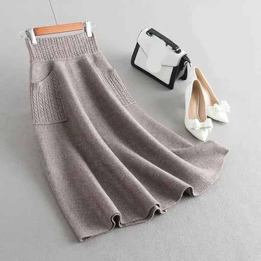 Wool Knit Midi A-Line Skirt 