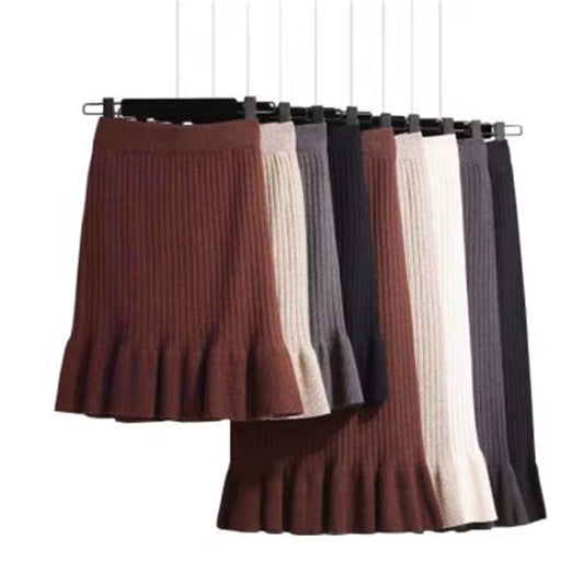 Women Skirt Knitted High Waist Pleated Lady Skirts Solid Elastic Mermaid Knitting Ribbed Autumn Winter Female Bottoms Two Types