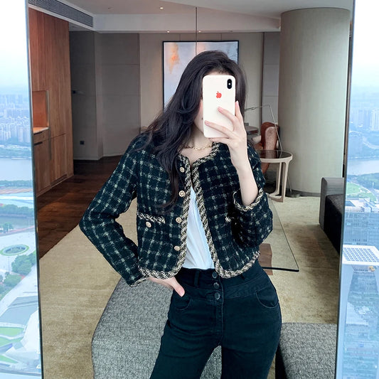 Korea New Arrive Temperament Retro Grid Short Woolen Jacket Women Autumn Spring Single Breasted Chic Tweed Coat
