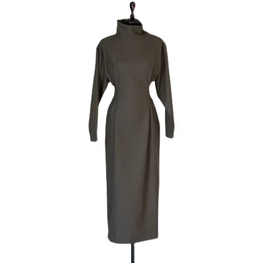 Long High Waist Stand Collar with Belt Dress