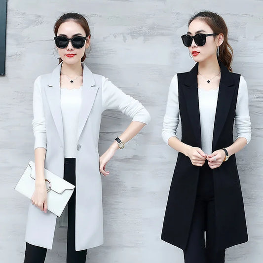 Classic Long Vest Women Elegant Suit Vest Spring Autumn Sleeveless Jackets Outerwear Office Lady Slim Waistcoat 2022