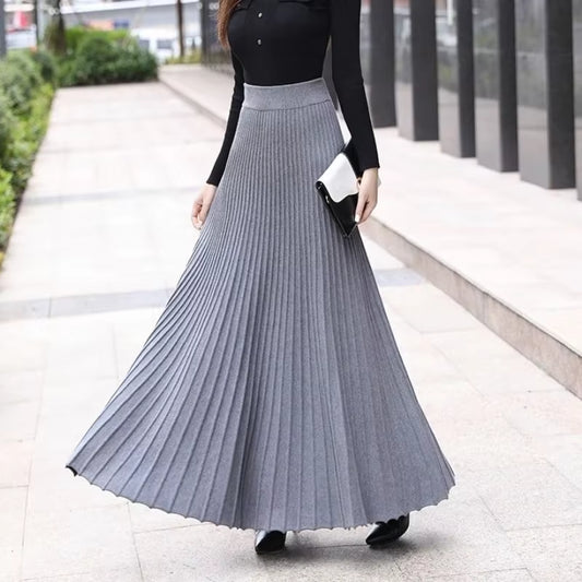Women'S Autumn Draped Rib Pleated Long Knitted Skirt Elegant Winter Wool Blend A-Line Long Knit Skirt Elastic Waist