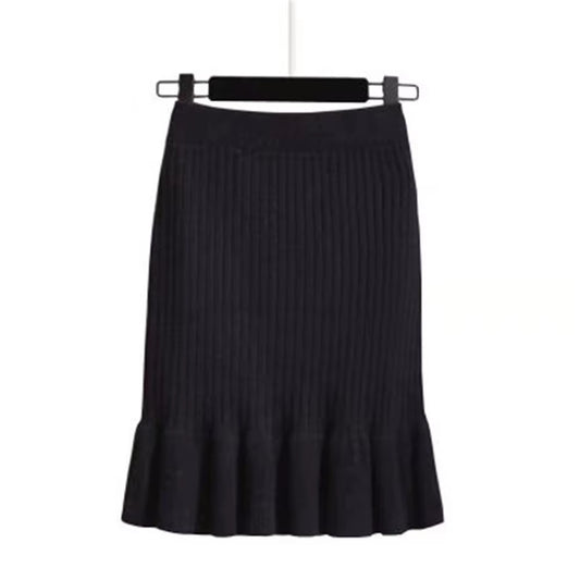 Women Skirt Knitted High Waist Pleated Lady Skirts Solid Elastic Mermaid Knitting Ribbed Autumn Winter Female Bottoms Two Types