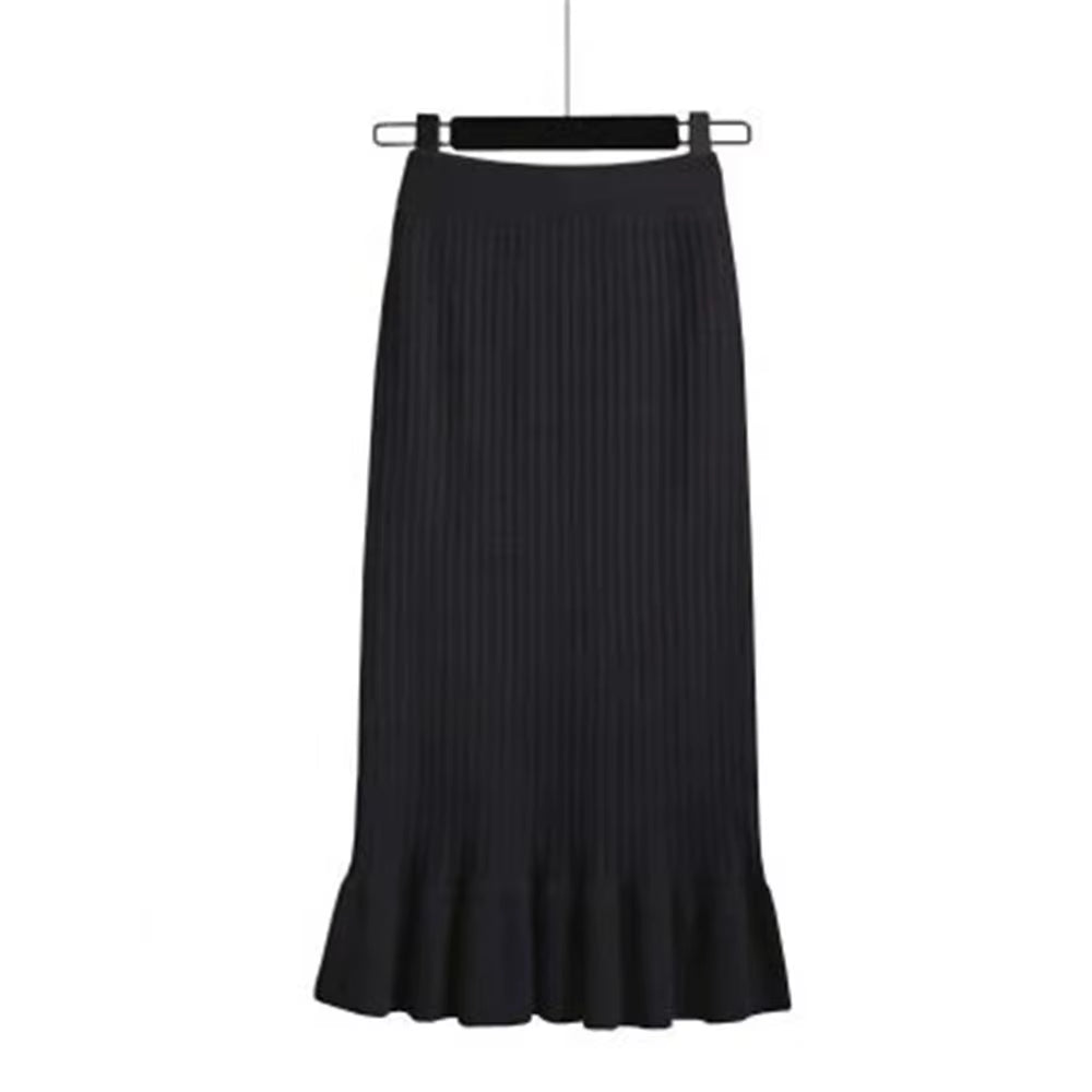Women Skirt Knitted High Waist Pleated Lady Skirts Solid Elastic Mermaid Knitting Ribbed Autumn Winter Female Bottoms Two Types
