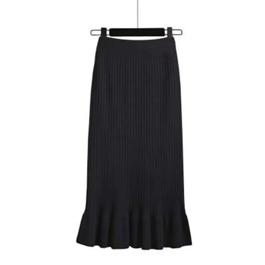 Women Skirt Knitted High Waist Pleated Lady Skirts Solid Elastic Mermaid Knitting Ribbed Autumn Winter Female Bottoms Two Types