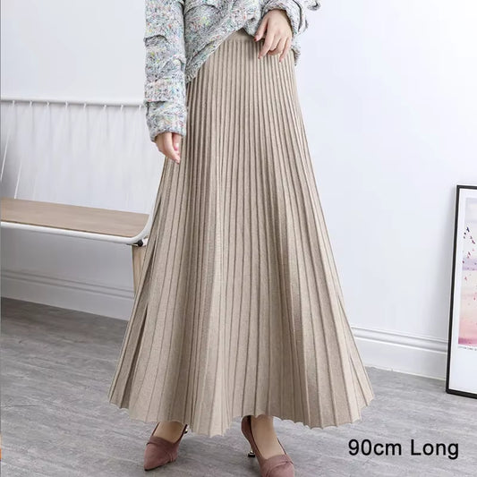 Women'S Autumn Draped Rib Pleated Long Knitted Skirt Elegant Winter Wool Blend A-Line Long Knit Skirt Elastic Waist