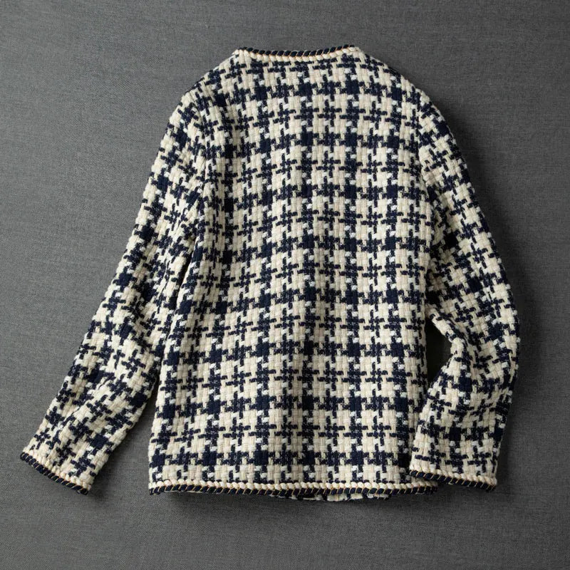 Elegant Weave Plaid Women Blazer with Pocket and Lining Autumn Winter Causal Tweed Coat Office Ladies Suit Jacket