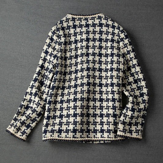 Elegant Weave Plaid Women Blazer with Pocket and Lining Autumn Winter Causal Tweed Coat Office Ladies Suit Jacket