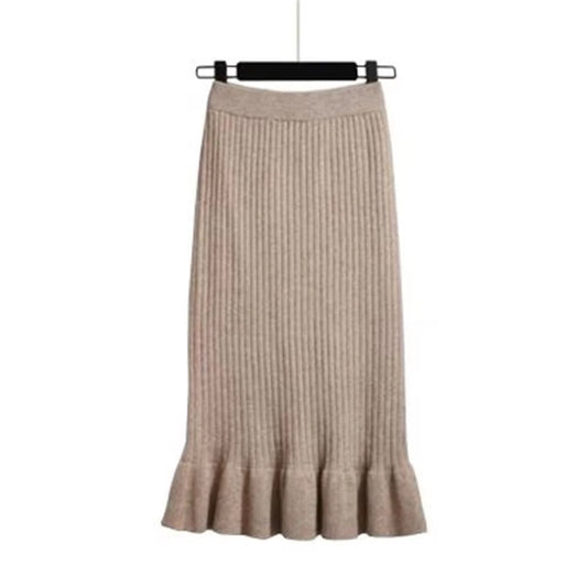 Women Skirt Knitted High Waist Pleated Lady Skirts Solid Elastic Mermaid Knitting Ribbed Autumn Winter Female Bottoms Two Types