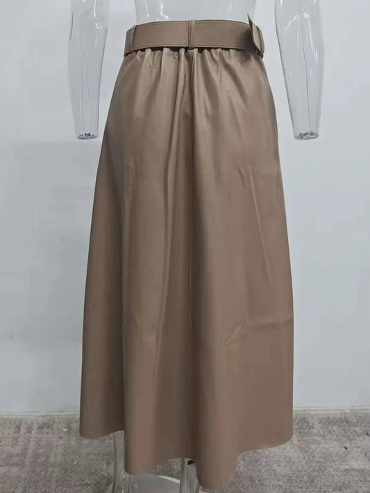 PU Leather Skirt Women Belt with Sashes Slim High Waist A-Line Elegant High Quality Causal Wild 2024 New Autumn HC004